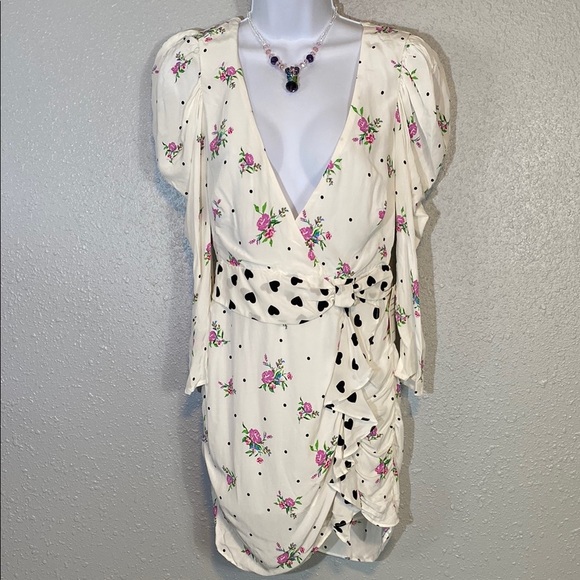 For Love And Lemons White Faux Wrap Floral Mini Dress with Plunge Neckline - Picture 5 of 15